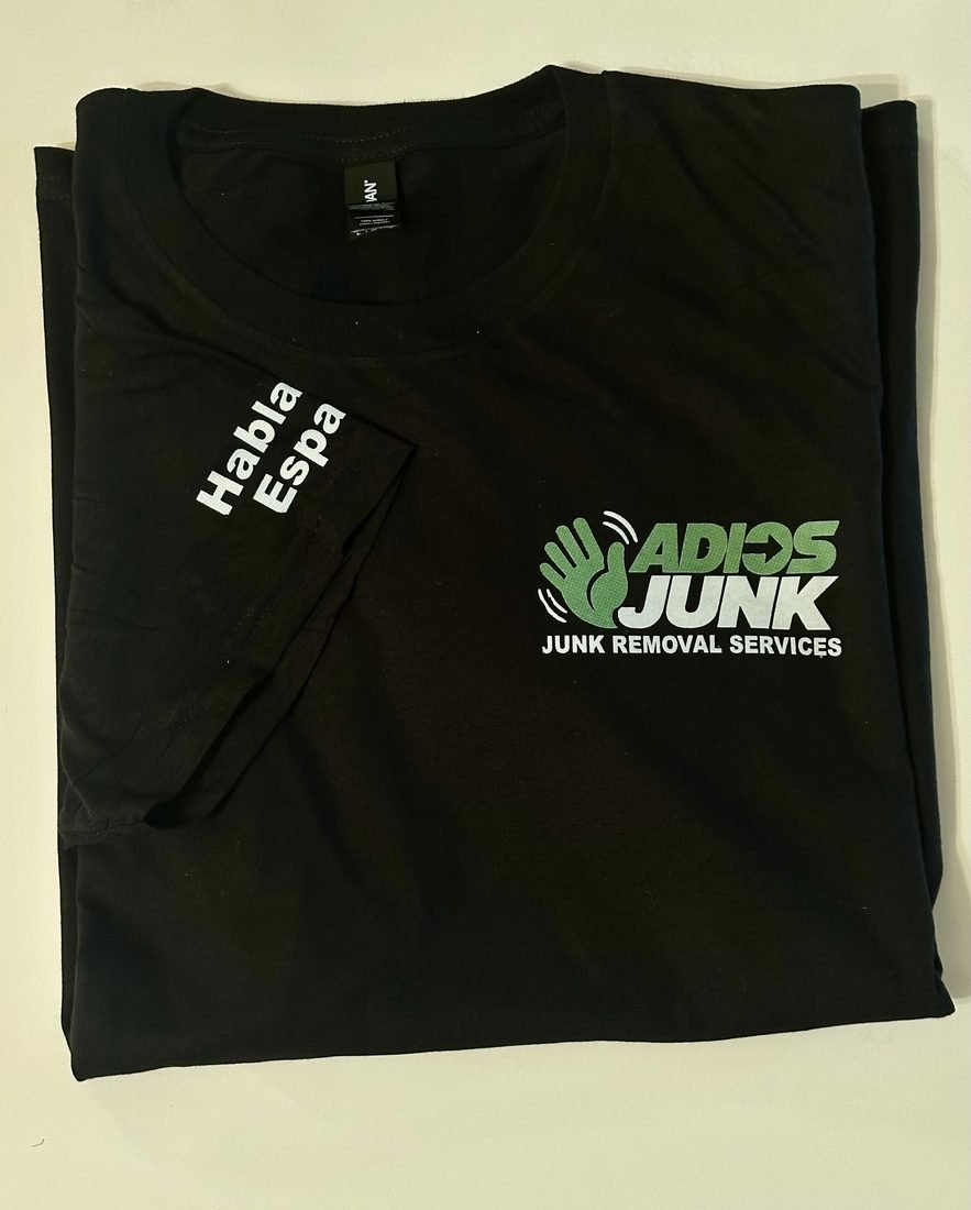 Adios Junk tee, two-colour screen printed front chest logo with Spanish sleeve print