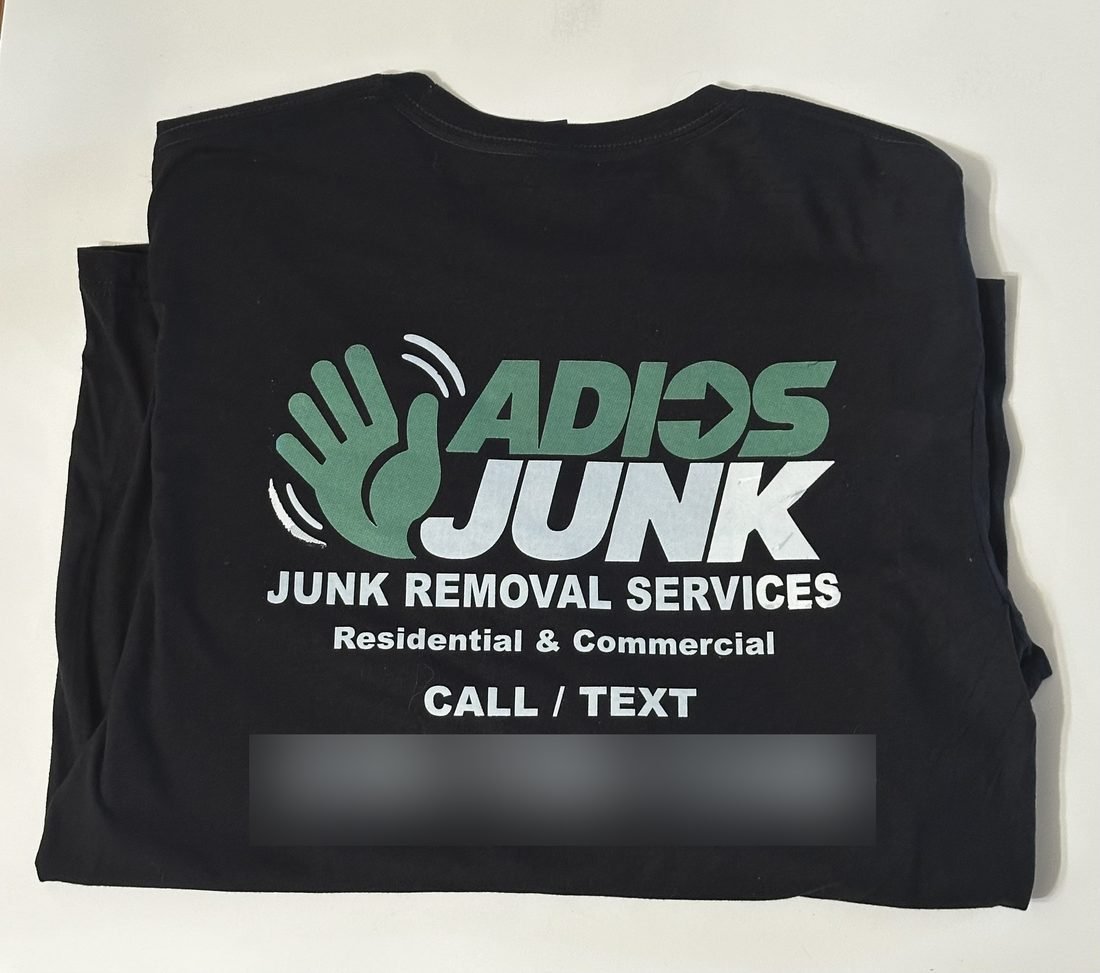 Adios Junk tee, full back screen print with logo and call or text line